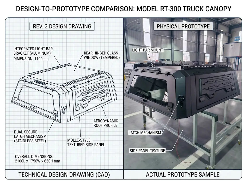 Custom truck canopy design drawings next to the physical prototype unit