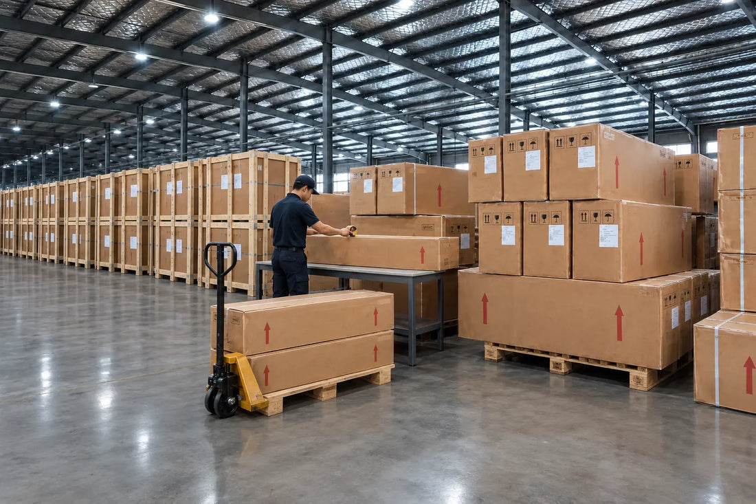 Palletized truck canopy crates stacked in a warehouse ready for dispatch