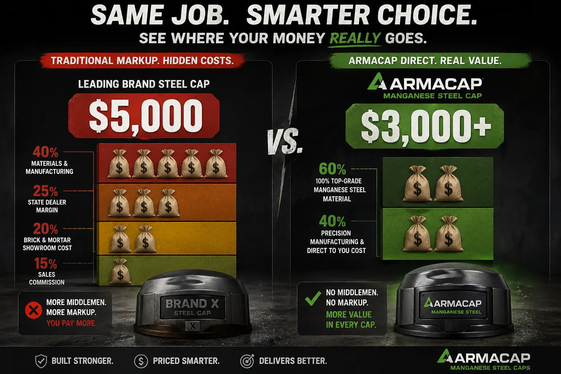 Comparative infographic showing how the ArmaCap factory-direct business model saves overlanders $2,000 on heavy-duty steel truck canopies.