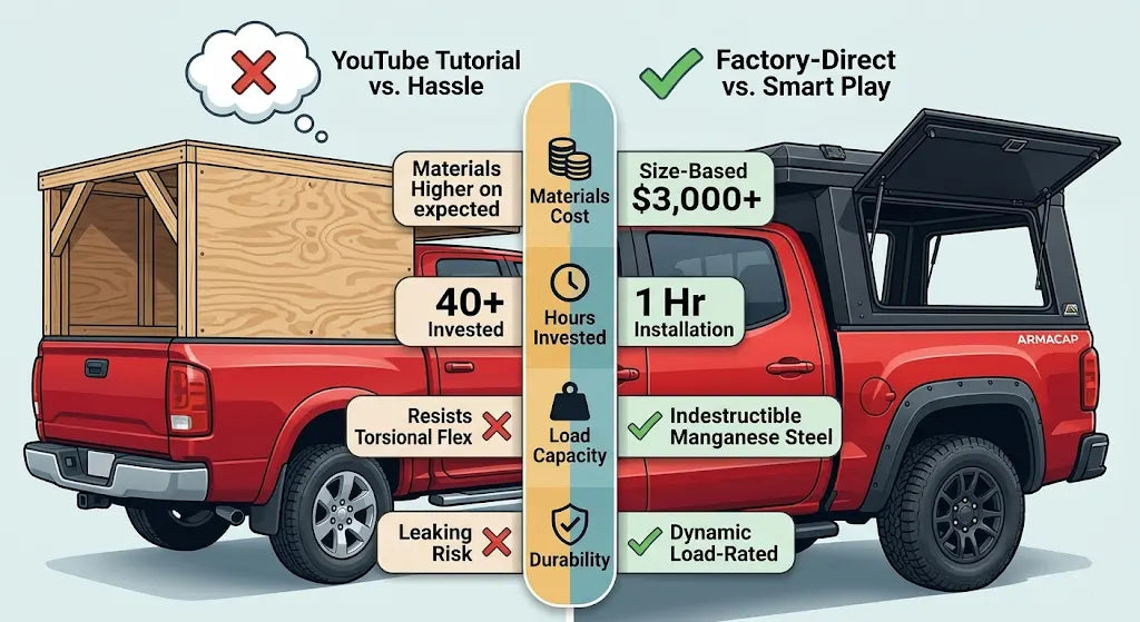 DIY truck canopy vs. factory-direct steel canopy comparison. Homemade wooden camper shell issues vs. professional ArmaCap truck topper benefits.