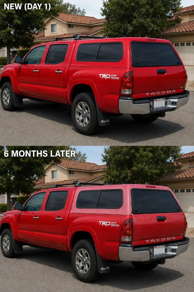 Red Toyota Tacoma TRD Off-Road with fiberglass truck topper:  Day 1 color match vs. faded topper 6 months later