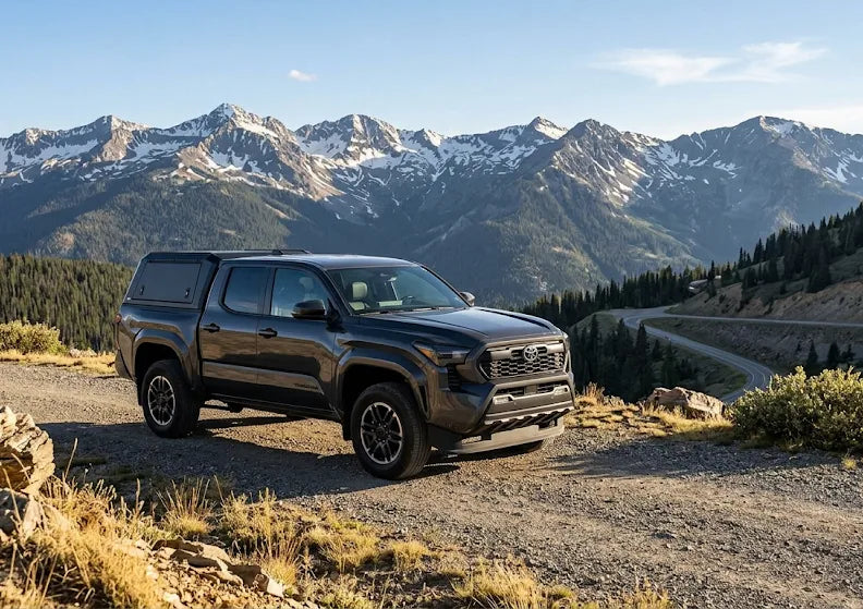 A Toyota Tacoma with a sleek Tacoma truck cap parked in the mountains