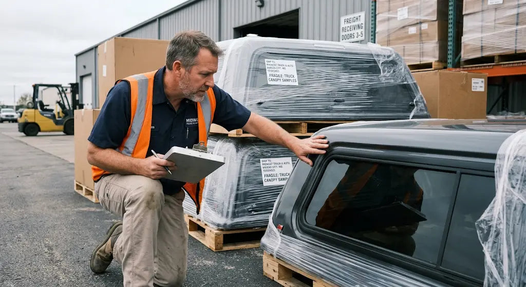 Dealer inspecting a newly arrived truck canopy shipment and checking for freight damage
