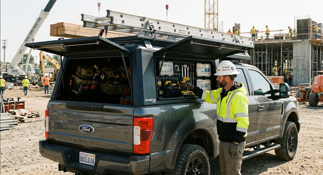 A contractor reaching for tools inside a matte black ArmaCap steel truck canopy with open gullwing doors and MOLLE panels at a construction site.