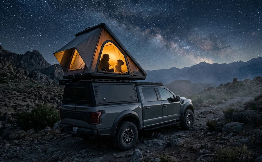 ArmaCap 500kg load canopy supporting an open rooftop tent at night. Warm light shows silhouettes of two people and a Shiba Inu under a starry sky.
