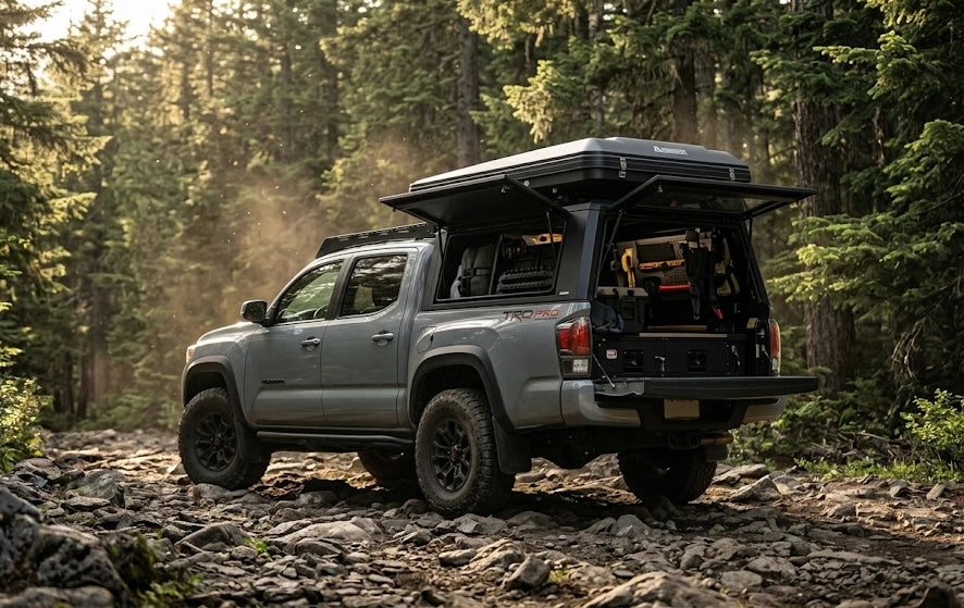 Armacap matte black aluminum truck canopy installed on a Toyota Tacoma TRD Pro, featuring open gullwing doors for easy gear access and supporting a heavy hard-shell rooftop tent in a rocky forest setting.