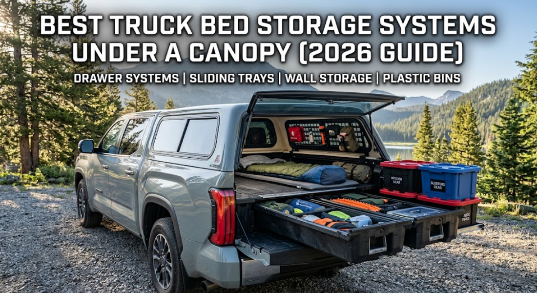 A grey pickup truck with an open canopy, showcasing a complete bed storage drawer system and plastic bins outdoors.