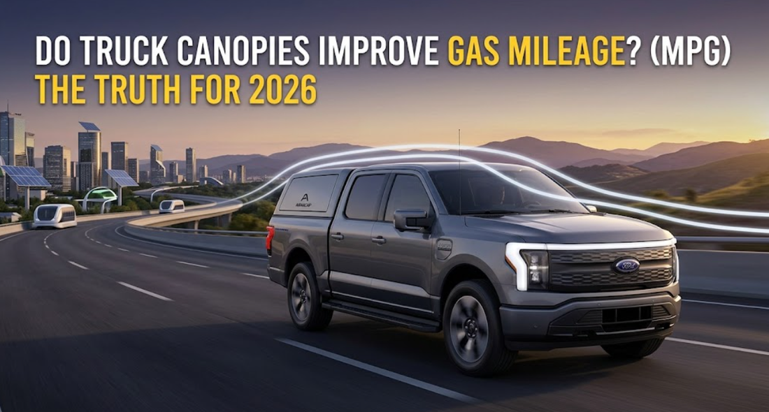 A gray Ford F-150 Lightning truck with an Armacap canopy and aerodynamic lines driving on a futuristic highway, featuring the text: "DO TRUCK CANOPIES IMPROVE GAS MILEAGE? (MPG) THE TRUTH FOR 2026".