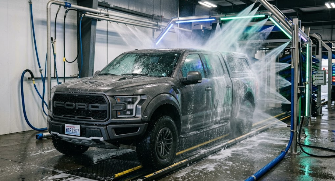 A dark gray Ford pickup truck with a canopy is going through a touchless automatic car wash.