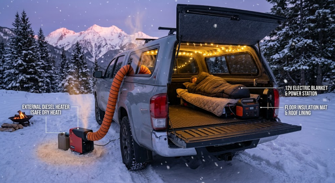 A white Toyota Tacoma with an external diesel heater and an insulated, powered-up camper shell is set up for cozy winter camping in a snowy mountain forest.