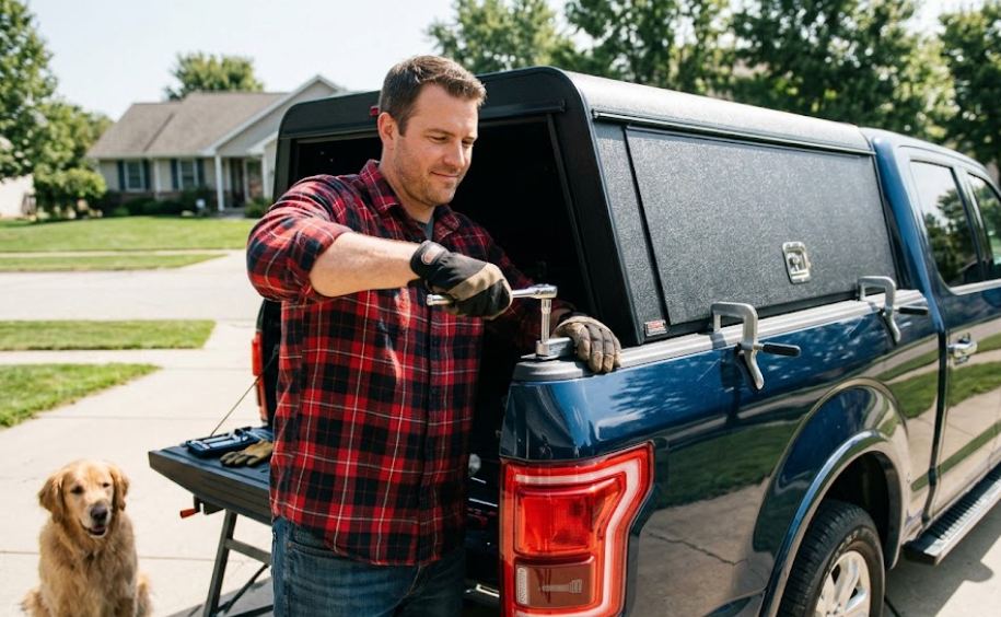 A man uses a wrench to install a black canopy shell onto a blue pickup truck.