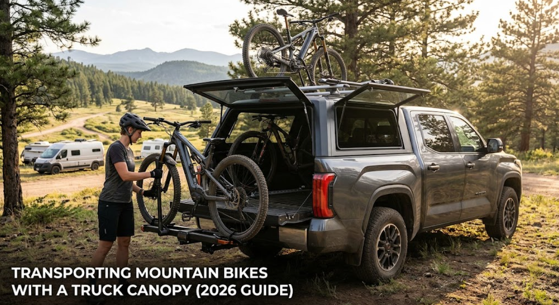 A person loads a mountain bike onto a rear-mounted hitch rack of a truck equipped with a canopy and additional roof-mounted bikes, in a mountain setting.