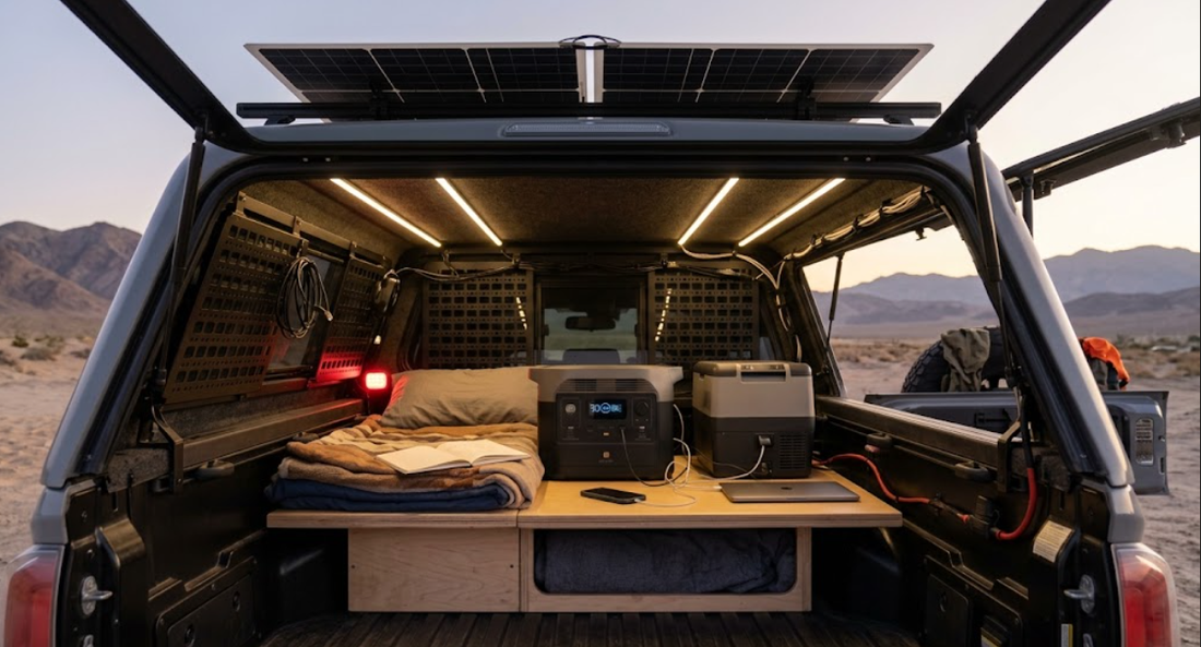 A truck canopy interior with installed LED lights, a portable power station, and solar panels for camping.
