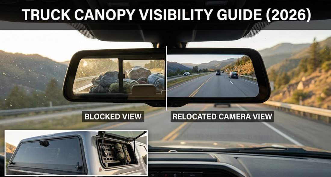 A comparison of a blocked physical rearview mirror and a clear digital camera feed in a truck with a canopy.