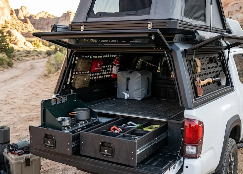 Effective truck bed storage system with canopy and off-road camping gear