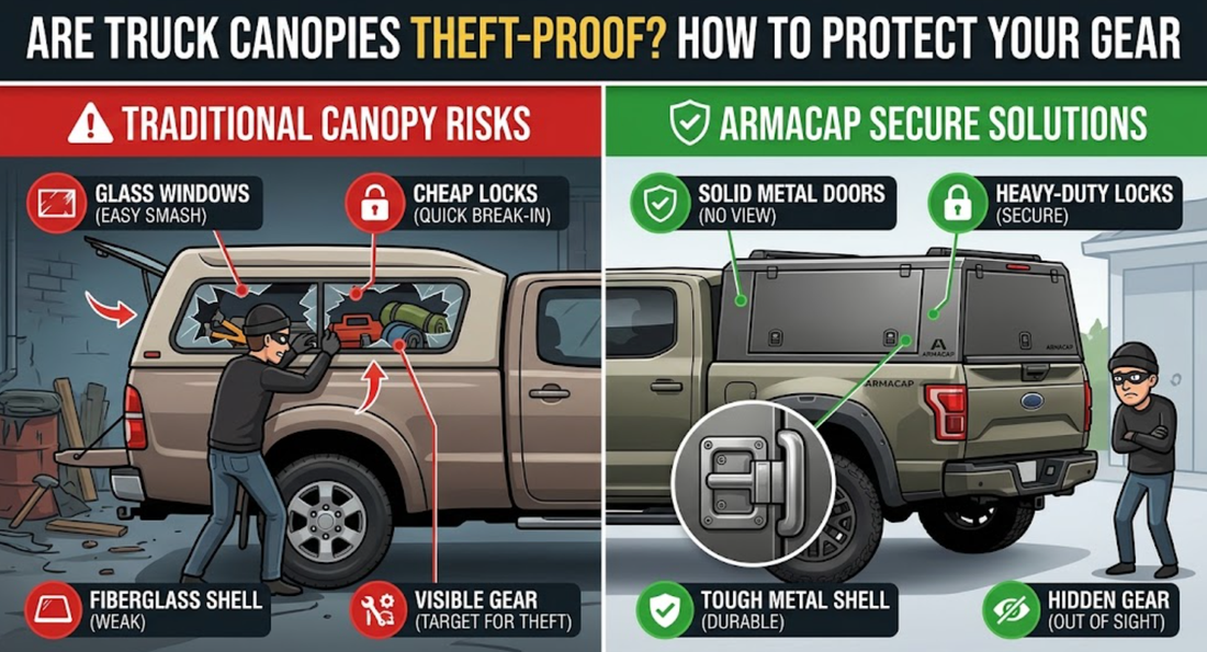 Comparison of a vulnerable traditional truck canopy and a secure Armacap metal canopy.