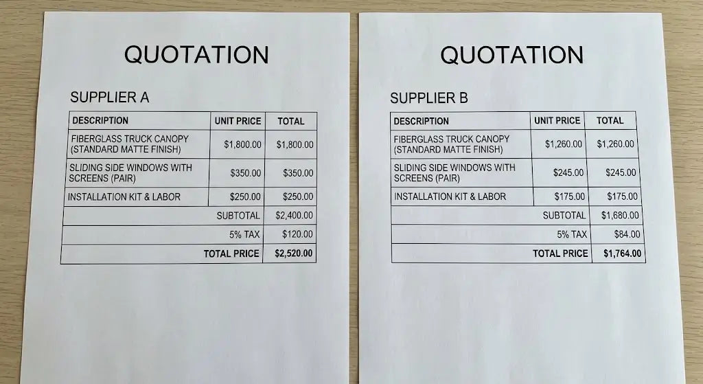Two truck canopy supplier quotes compared side by side showing a 30 percent price difference
