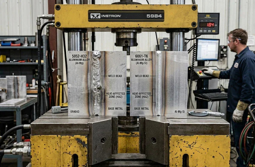 Professional tensile test of 5052-H32 & 6061-T6 aluminum welded parts via INSTRON 5984 tester. Clearly marked welds and HAZ, comparing welding strength for truck canopy material selection.