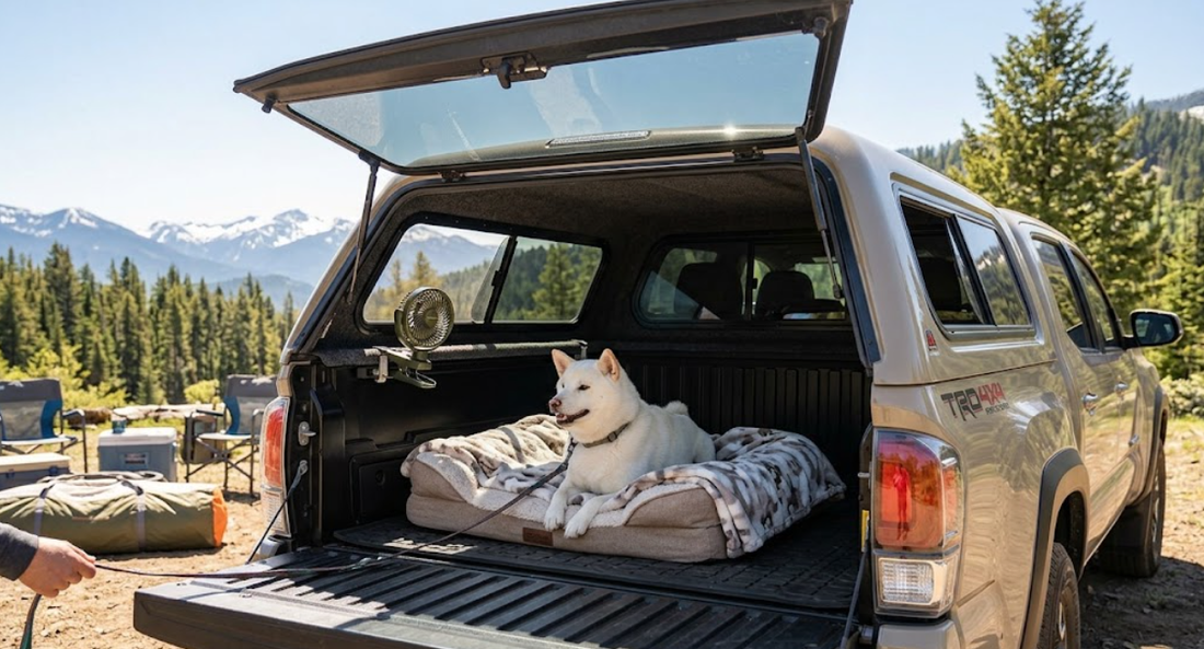 A white Shiba Inu relaxing on a dog bed inside a truck canopy with a cooling fan at a mountain campsite.