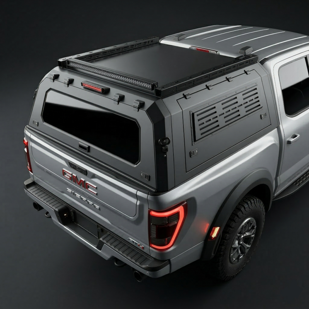 GMC Canyon 6.2ft Armacap steel truck canopy - 3/4 front view with gullwing doors closed