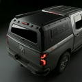 RAM 3500 6.4ft Armacap steel truck canopy - 3/4 front view with gullwing doors closed