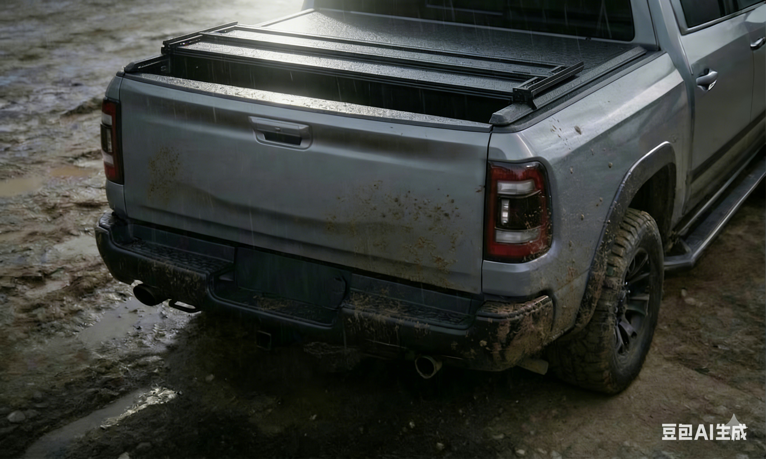 A close-up, high-angle shot of a muddy silver pickup truck featuring an ArmaCap hard-folding tonneau cover partially opened to show the truck bed. The matte black textured panels are wet from the rain, illustrating the durable, weather-resistant design of the bed cover in a challenging off-road environment.