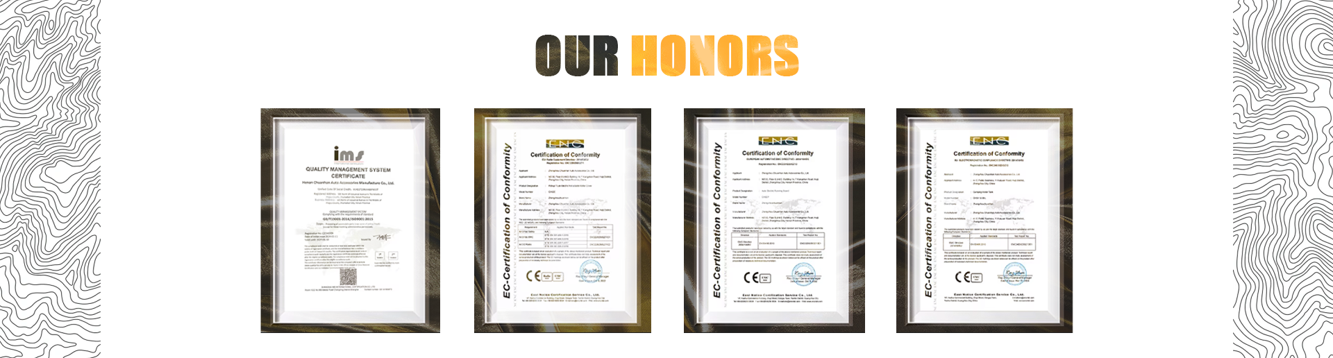 A row of four framed official documents and quality certifications for ArmaCap under a header that reads 'OUR HONORS'. The display includes a Quality Management System certificate and multiple EC-Certifications of Conformity, demonstrating international standards for manufacturing and product safety. The background features a white topographical map design.