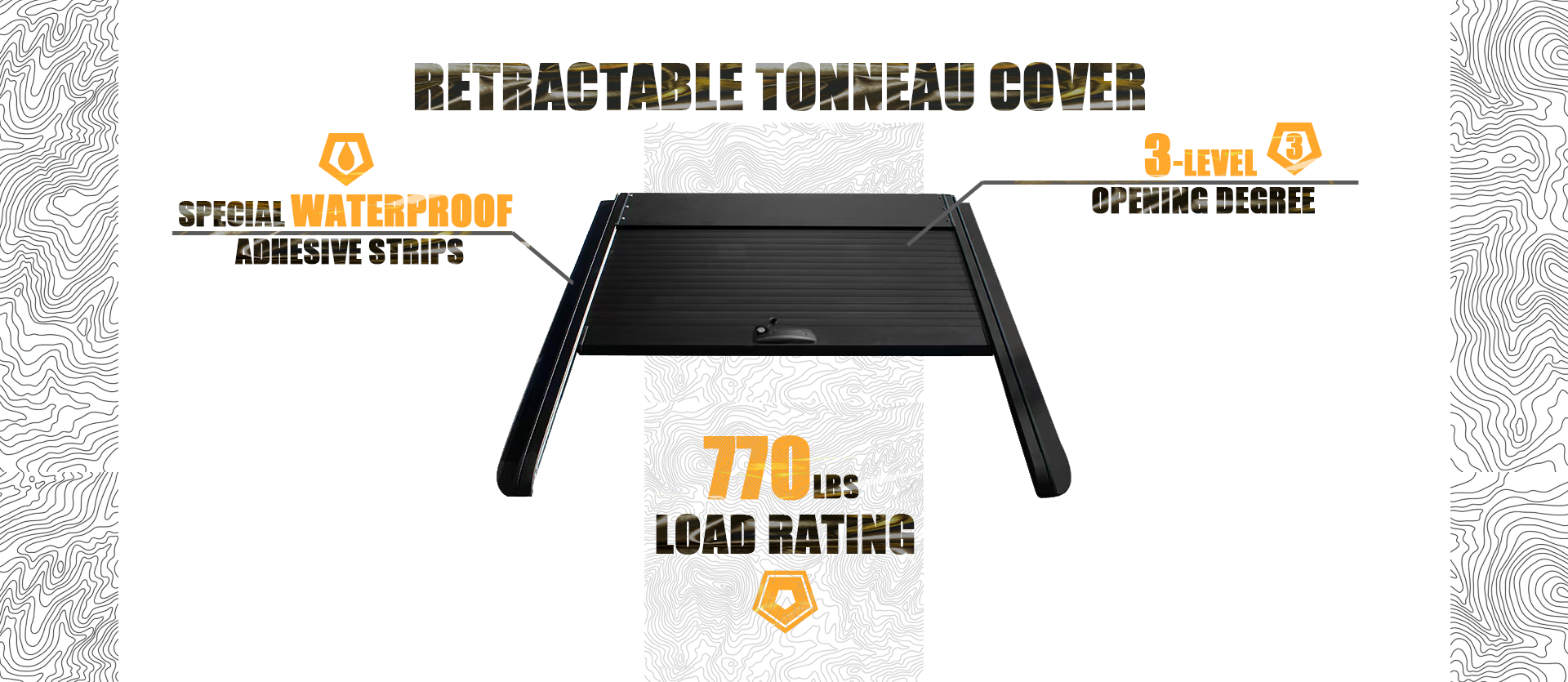 A technical infographic for the ArmaCap retractable tonneau cover, highlighting its key features including a 770 lbs load rating, special waterproof adhesive strips, and a 3-level opening degree. The image shows a top-down view of the black matte retractable cover against a topographical background, emphasizing its heavy-duty utility for pickup trucks.
