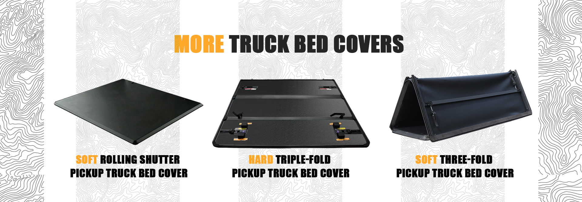 A product comparison infographic from ArmaCap showcasing three different types of pickup truck bed covers: a Soft Rolling Shutter, a Hard Triple-Fold, and a Soft Three-Fold cover. Each model is displayed with its specific technical name against a white topographical background, highlighting the diverse material durability and functional options available for various truck models.