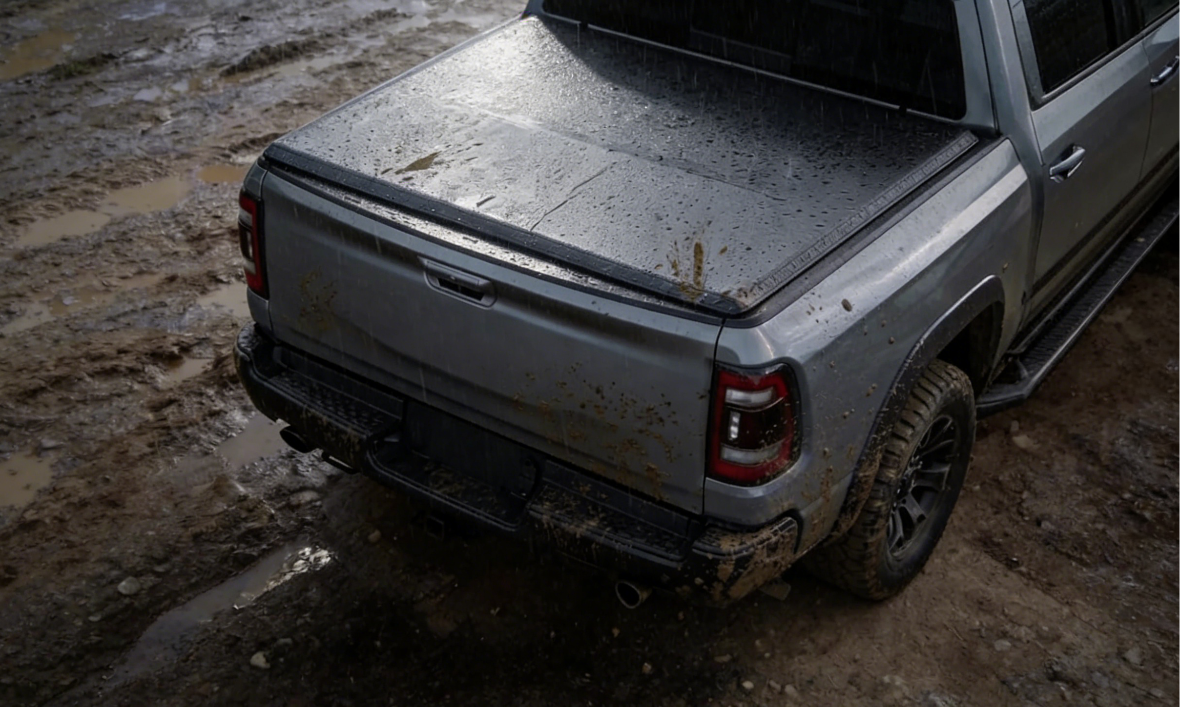 A high-angle rear view of a silver pickup truck equipped with a sleek ArmaCap hard-shell tonneau cover. The truck is covered in mud splashes and sitting in a rainy, off-road environment, showcasing the cover's waterproof seal and rugged construction as rainwater beads on its matte black surface.