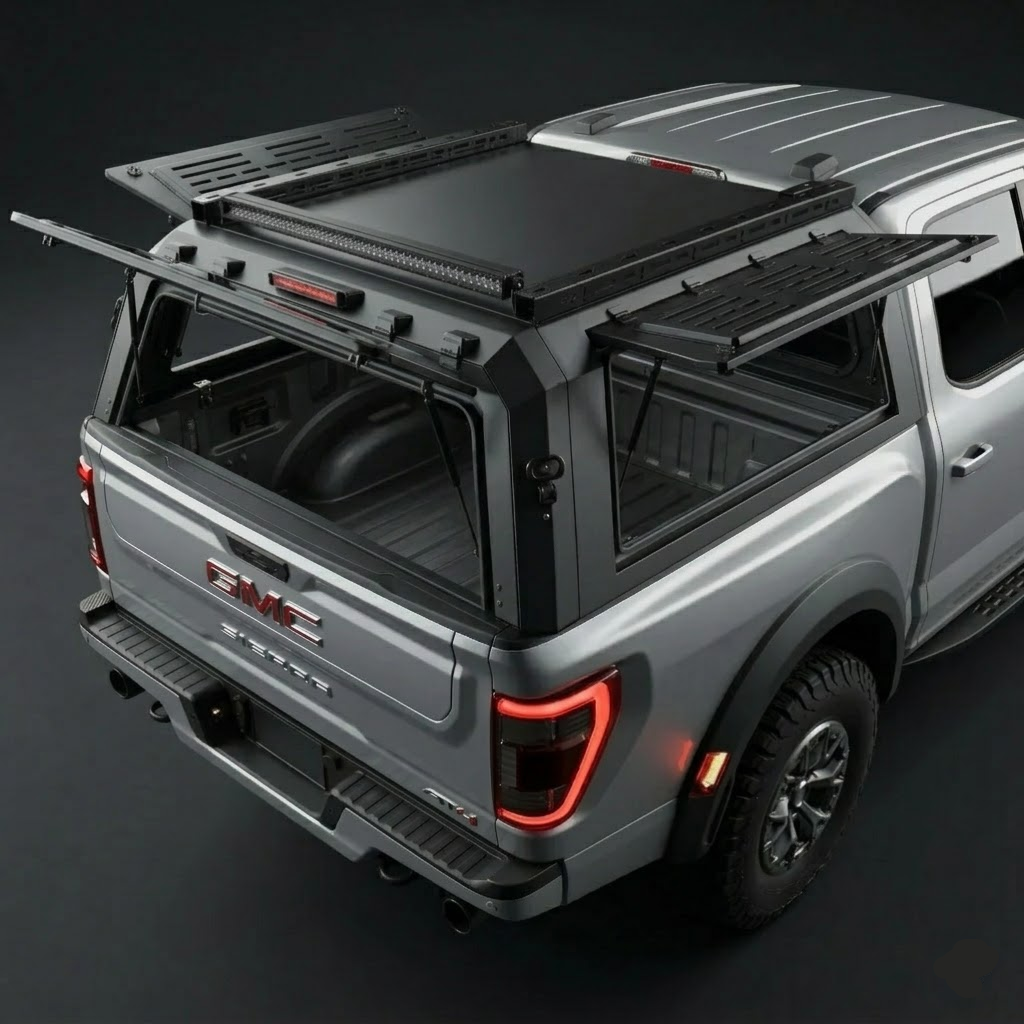 GMC Canyon 6.2ft Armacap steel truck canopy - rear view showing liftgate and side gullwing