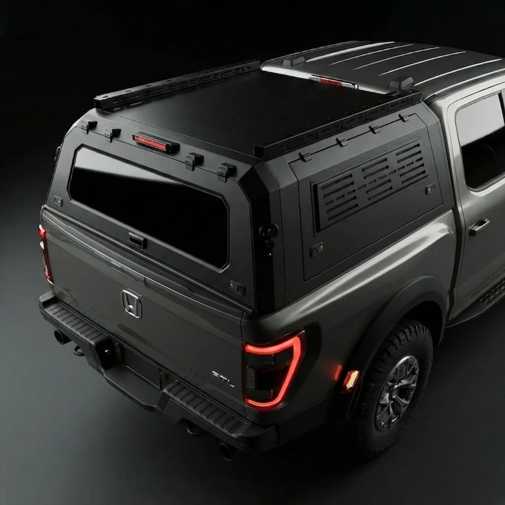 Honda Ridgeline 5.3ft Armacap steel truck canopy - 3/4 front view with gullwing doors closed