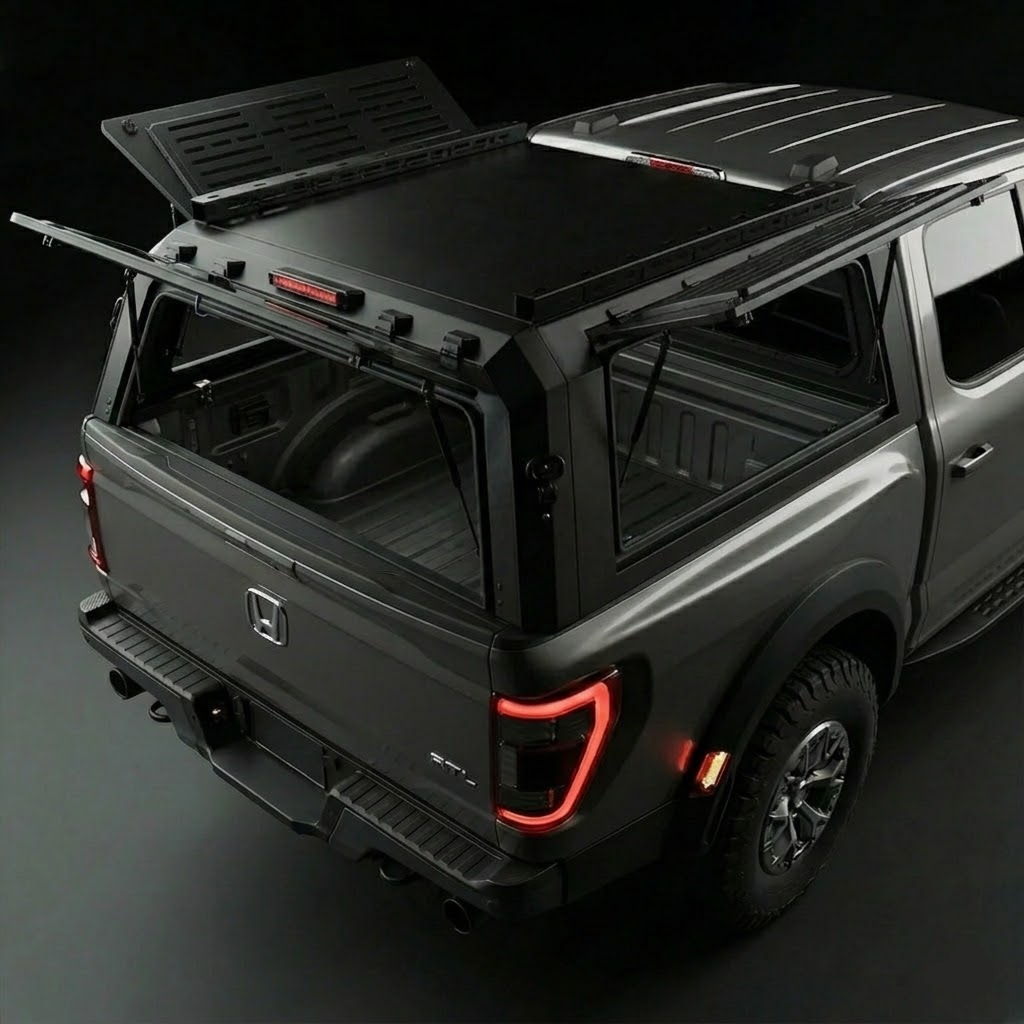 Honda Ridgeline 5.3ft Armacap steel truck canopy - rear view showing liftgate and side gullwing