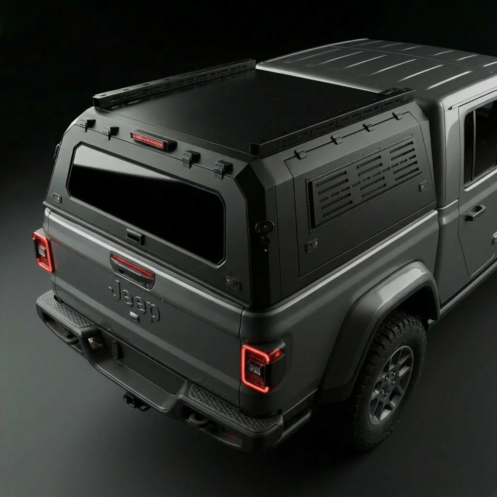Jeep Gladiator 5.0ft Armacap steel truck canopy - 3/4 front view with gullwing doors closed