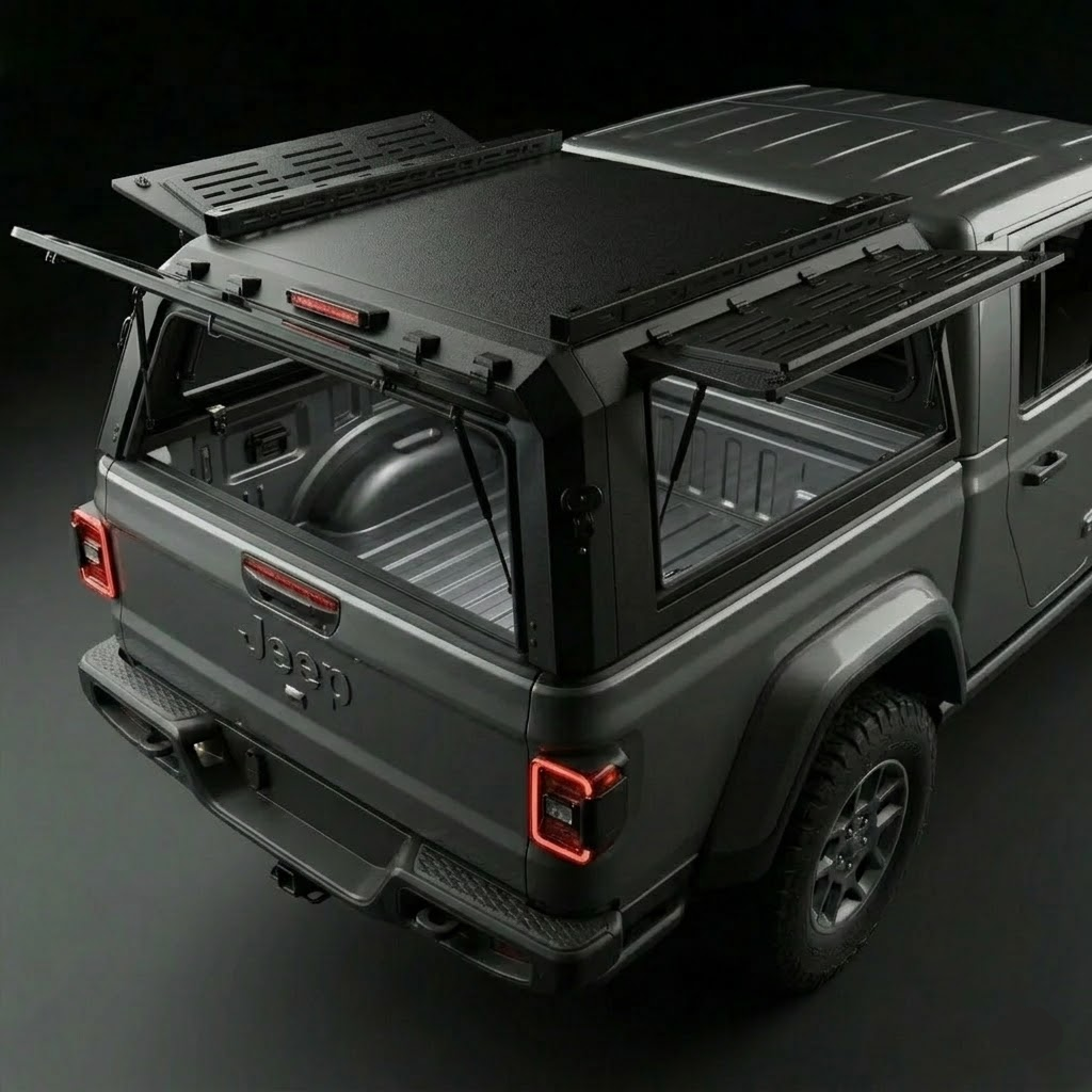 Jeep Gladiator 5.0ft Armacap steel truck canopy - rear view showing liftgate and side gullwing