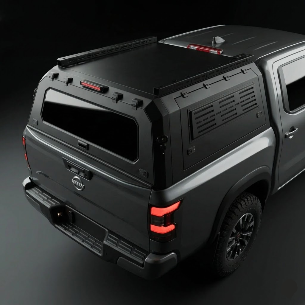Nissan Titan 6.5ft Armacap steel truck canopy - 3/4 front view with gullwing doors closed