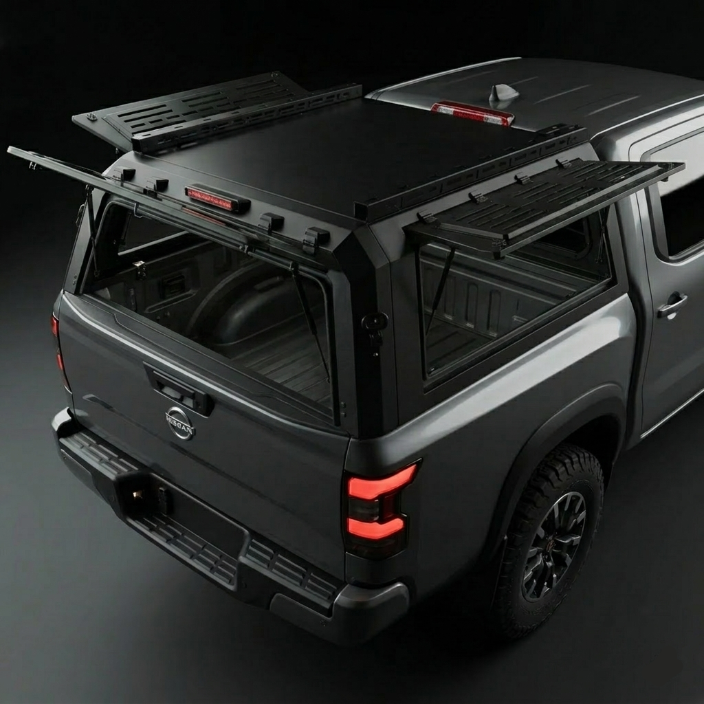 Nissan Titan 6.5ft Armacap steel truck canopy - rear view showing liftgate and side gullwing