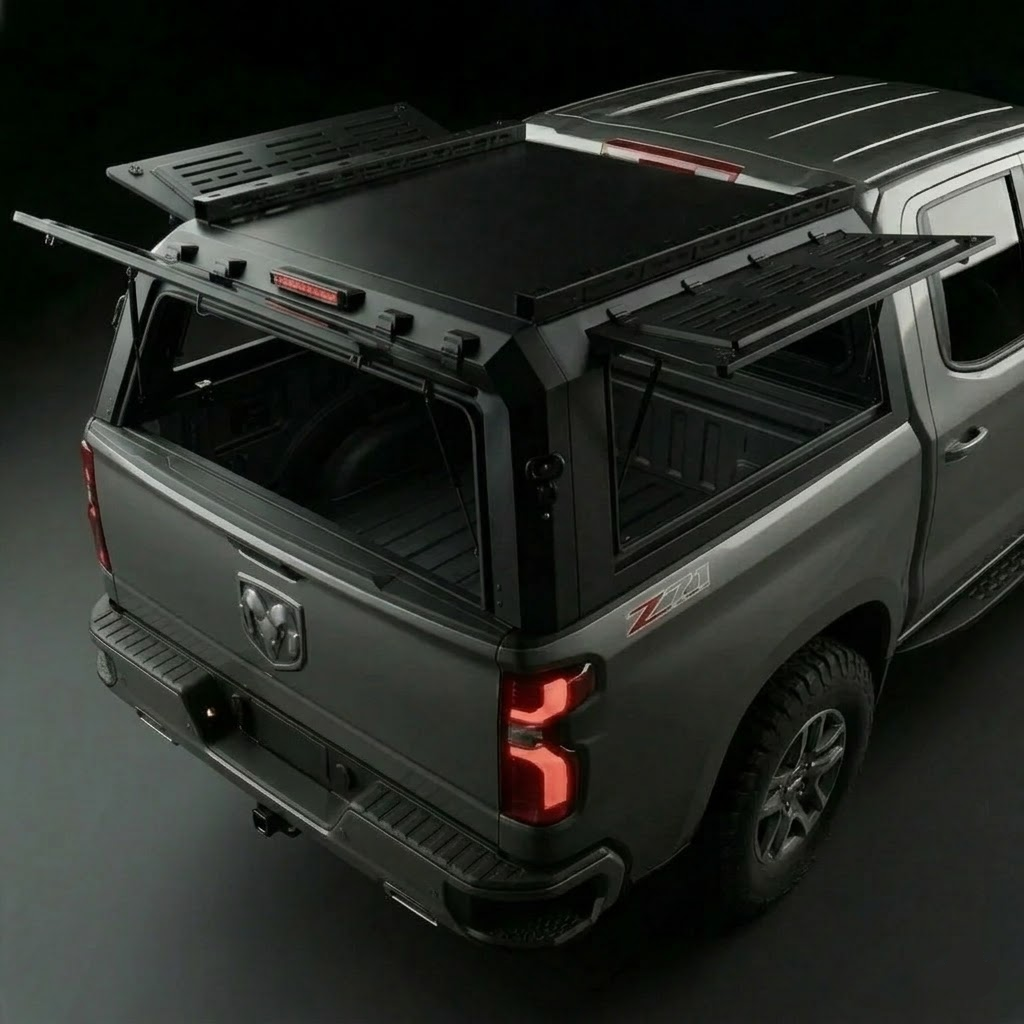 RAM 3500 6.4ft Armacap steel truck canopy - rear view showing liftgate and side gullwing