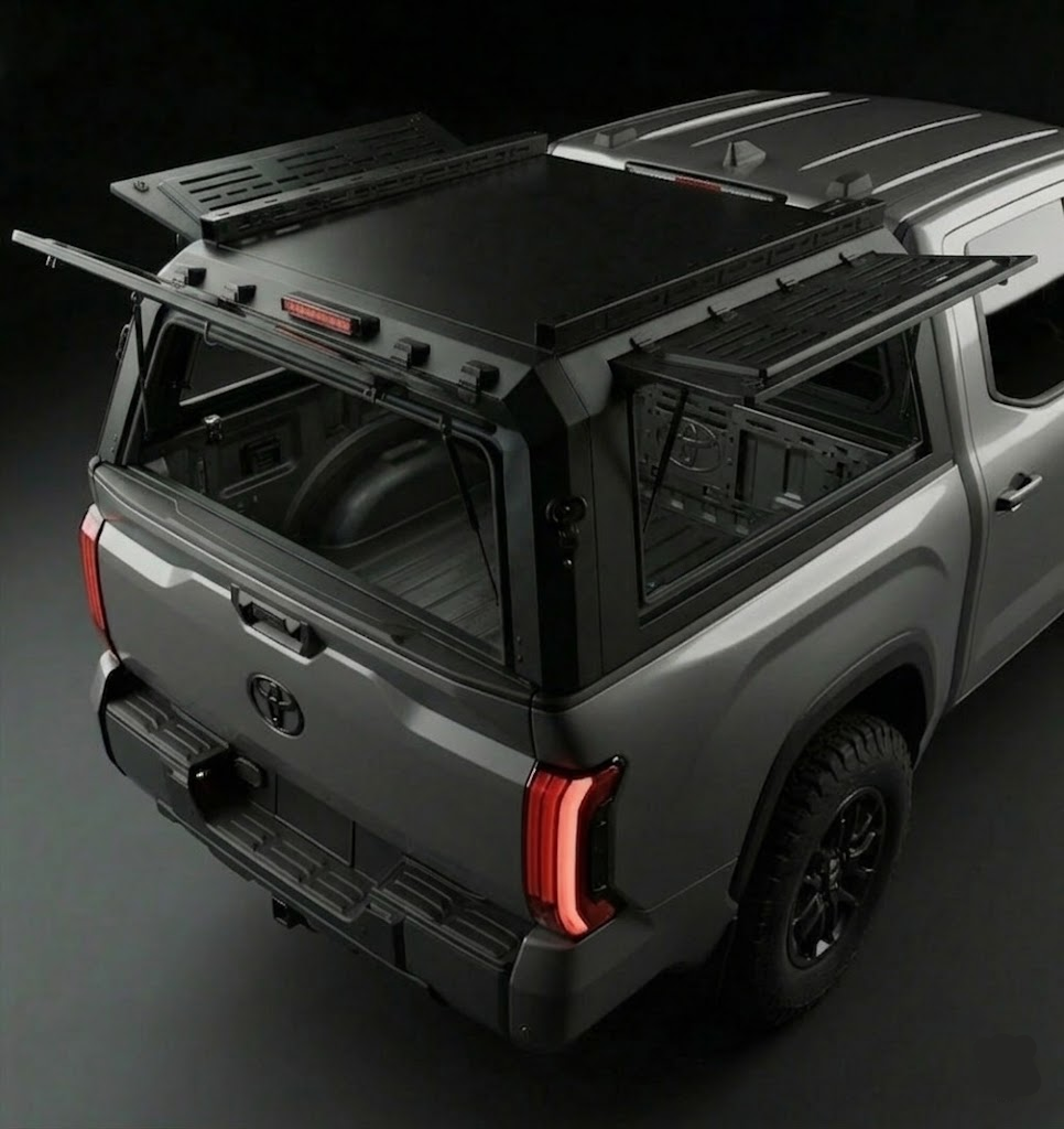 Toyota Tundra 6.5ft Armacap steel truck canopy - rear view showing liftgate and side gullwing