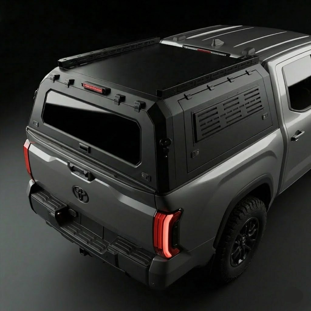 Toyota Tundra 6.5ft Armacap steel truck canopy - 3/4 front view with gullwing doors closed